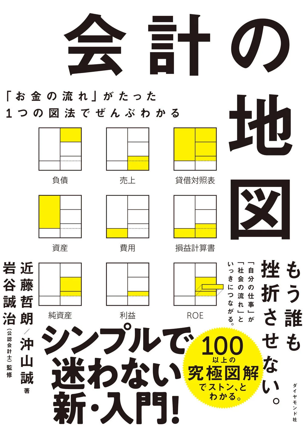 『会計の地図』の書影。表紙には、負債・売上・貸借対照表・資産・費用・損益計算書・純資産・利益・ROE の9つが、同じ枠の中の塗り分けで示されている。
