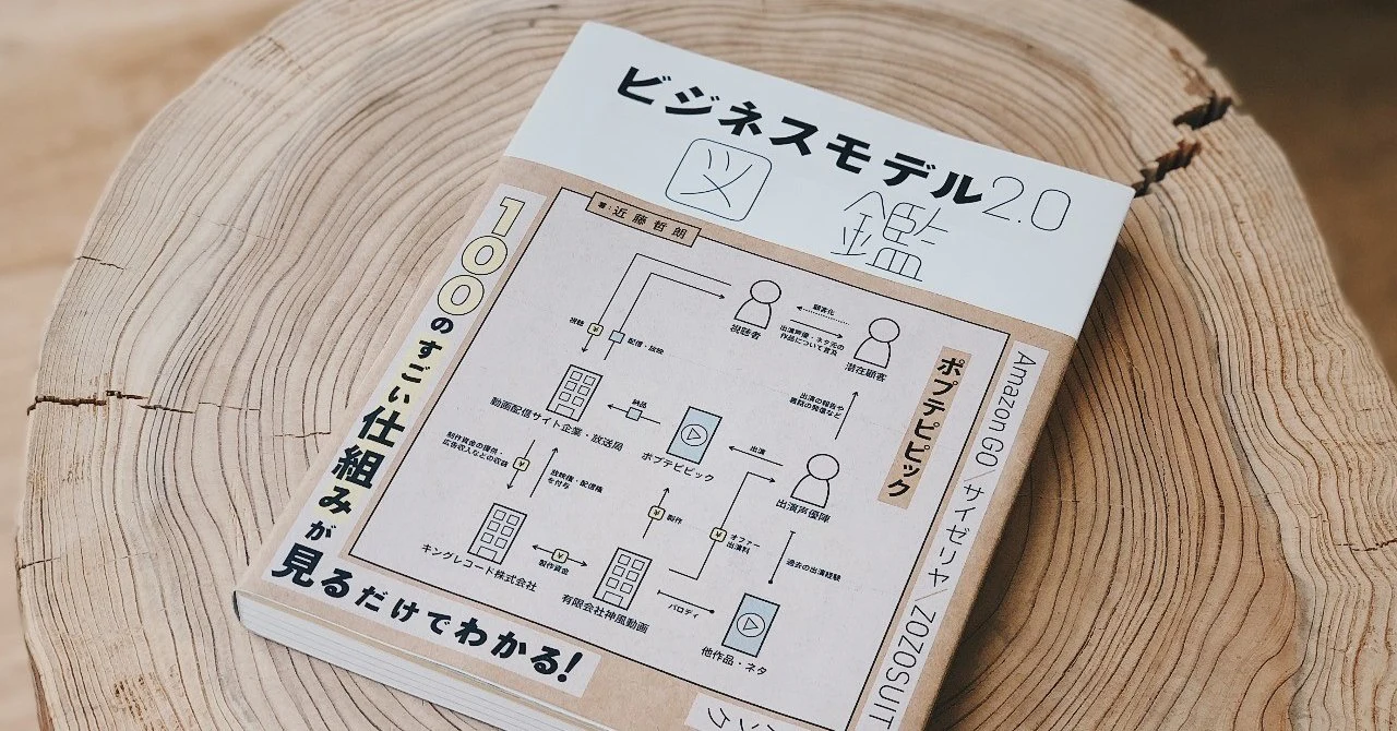 切り株の上に置かれた『ビジネスモデル2.0図鑑』。表紙に「100のすごい仕組みが見るだけでわかる!」とある。