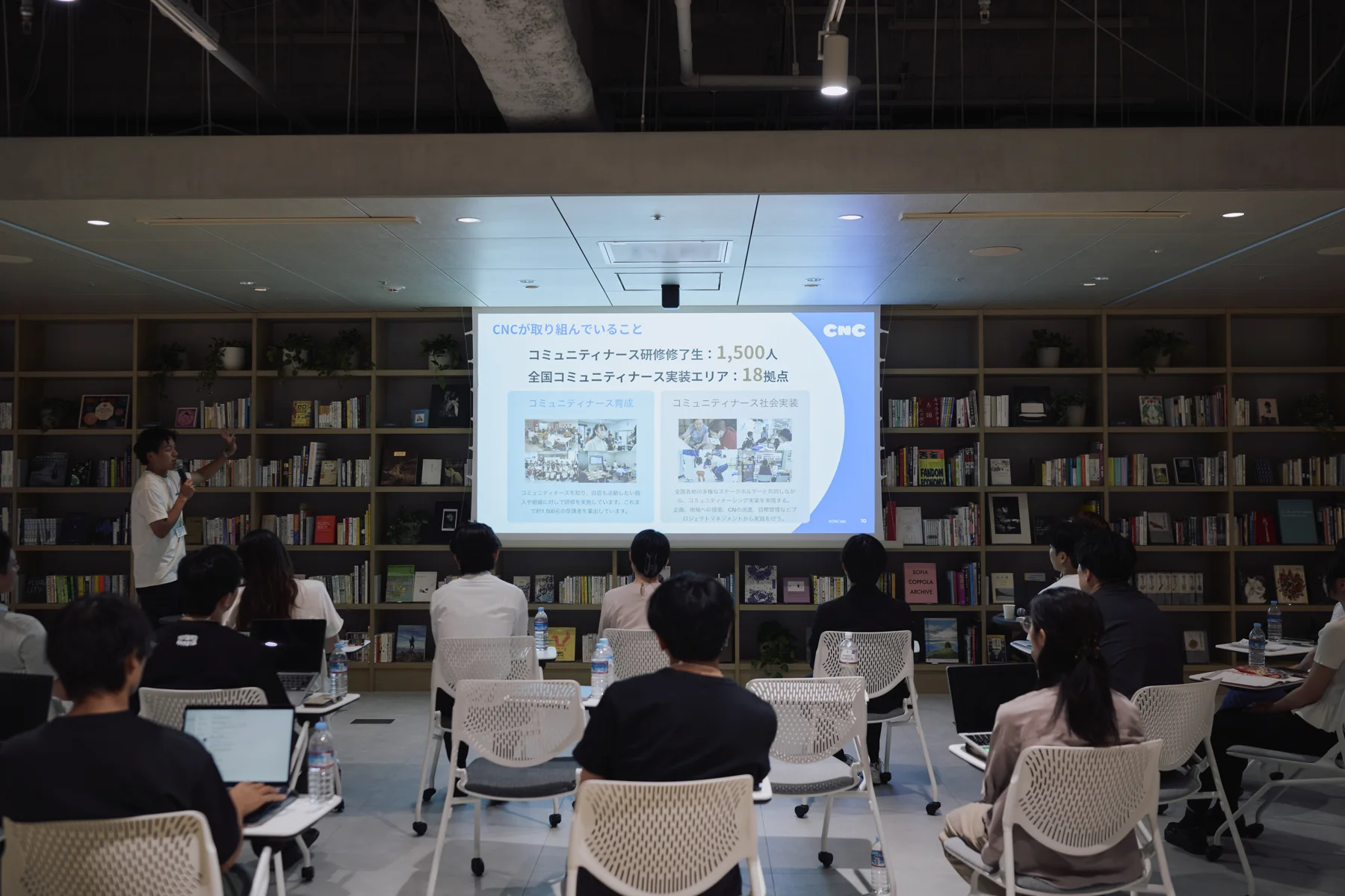 The five presentations: a speaker talking in front of the screen while participants listen