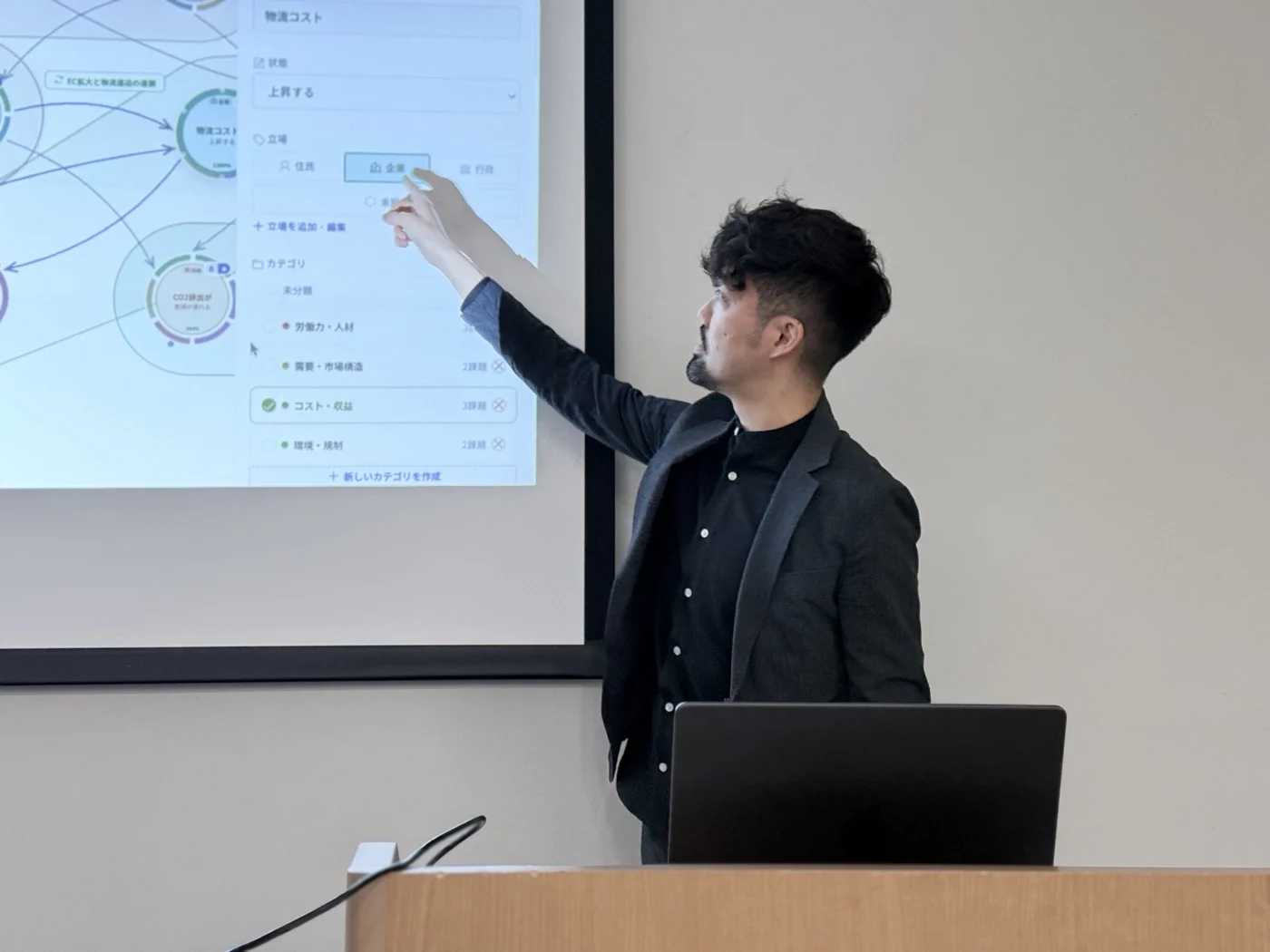 Explaining a product while pointing at its screen on the projector
