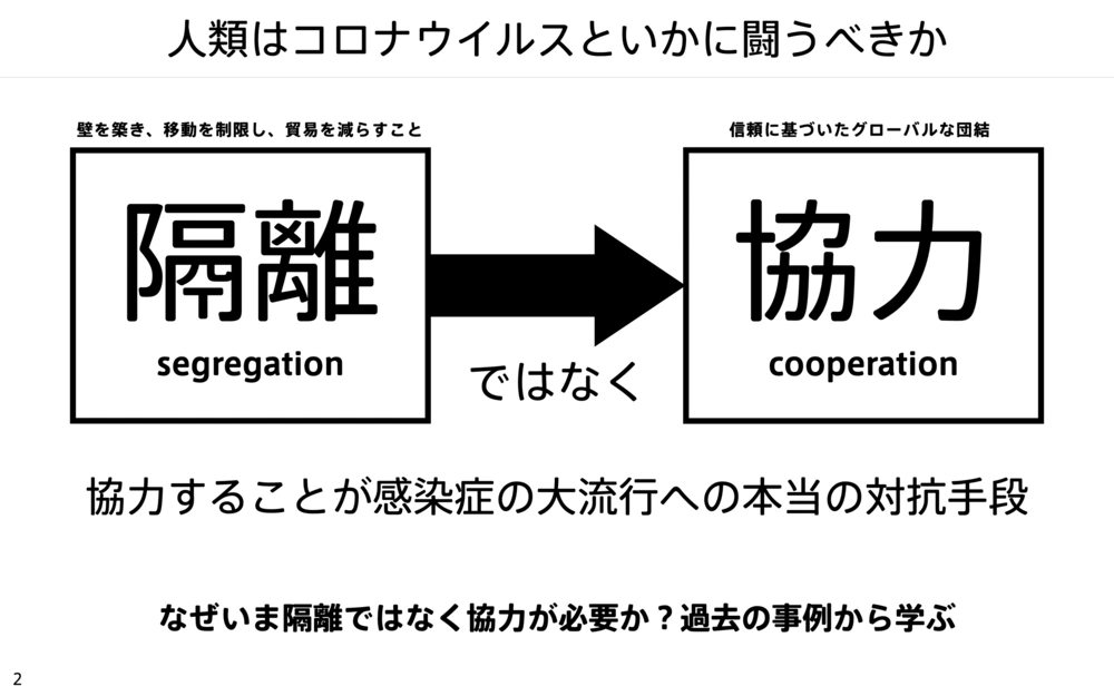 隔離ではなく協力、と対比した図。左の「隔離」は壁を築き、移動を制限し、貿易を減らすこと。右の「協力」は信頼に基づいたグローバルな団結。協力することが感染症の大流行への本当の対抗手段だと結ぶ。
